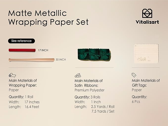 Vitalizart Red Matte Metallic Wrapping Paper Set 17" With Green Silk Like Satin Ribbon & Gift Tags Recyclable Eco-Friendly Christmas Gift Wrapping Birthday Baby Shower Wedding Handmade Crafts 197"(16.4 Ft)