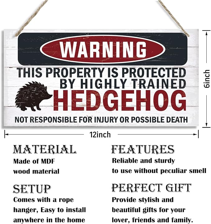 Warning Signs, The Property is Protected By Highly Trained Hedgehog Sign, Decorative Wood Hanging Wood Plaque, Hedgehog Decor, Wooden Decoration for Yard Street Garden Garage Outdoor Home
