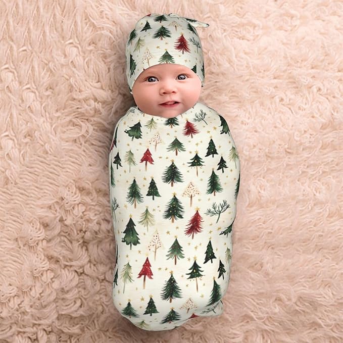 Christmas Baby Swaddle Blanket and Hat Set for Newborn Boys Girls Soft Infant Wrap Sleep Christmas Green Tree
