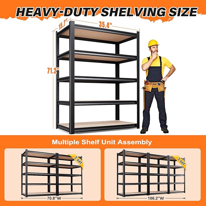 71''H 35.4''W Storage Shelves,2500LBS Garage Shelving ,Adjustable Garage Shelves ,Heavy Duty Metal Shelving, 5 Tier Wood Utility Steel Shelf, Shelving Units and Storage Rack fo Kitchen Pantry Laundry