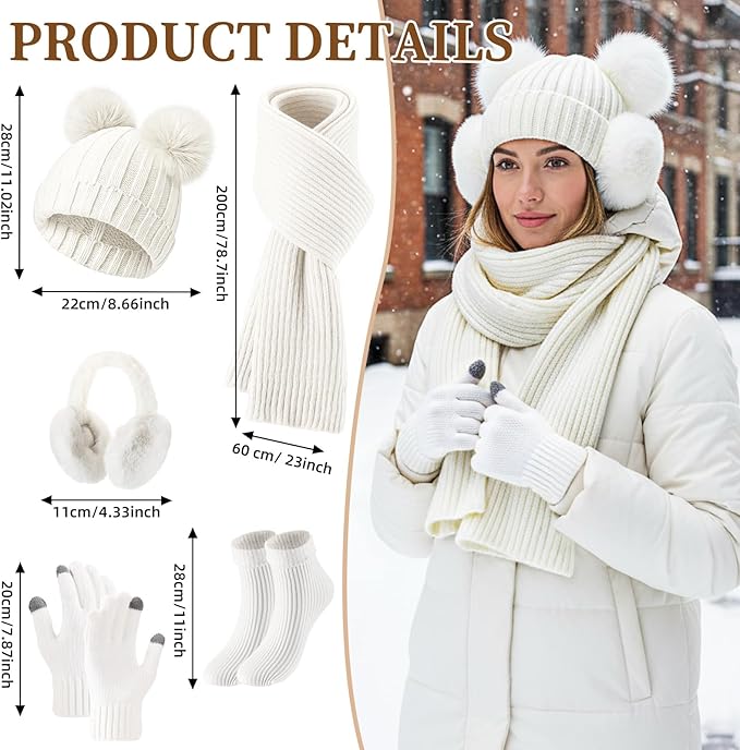 Geyoga 6 Pcs Winter Warm Fleece Knit Hat Long Scarf Touchscreen Gloves Ear Muffs Socks Sets, Winter Warm Gifts for Women