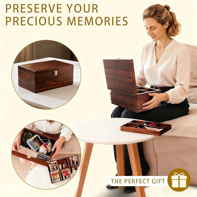 Large Wooden Keepsake Box - Wood Storage Box Decorative Boxes with Adjustable Tray for Storing Keepsake Memory Gift, 12.5 Keepsake Boxes for Home Decor-WB006 (Brown, 12.5 x 9.4 x 6.1 IN)