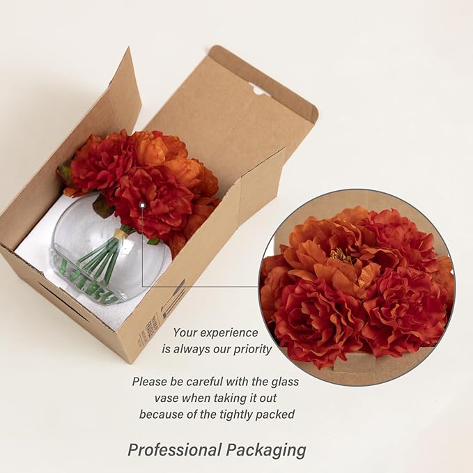 WELL KNOWN Artificial Flowers in Vase, Silk Peonies Flowers for Vase with Faux Water, Burnt Orange Fake Flower Arrangements for Thanksgiving Fall Winter Dinning Table Centerpieces Party Decor