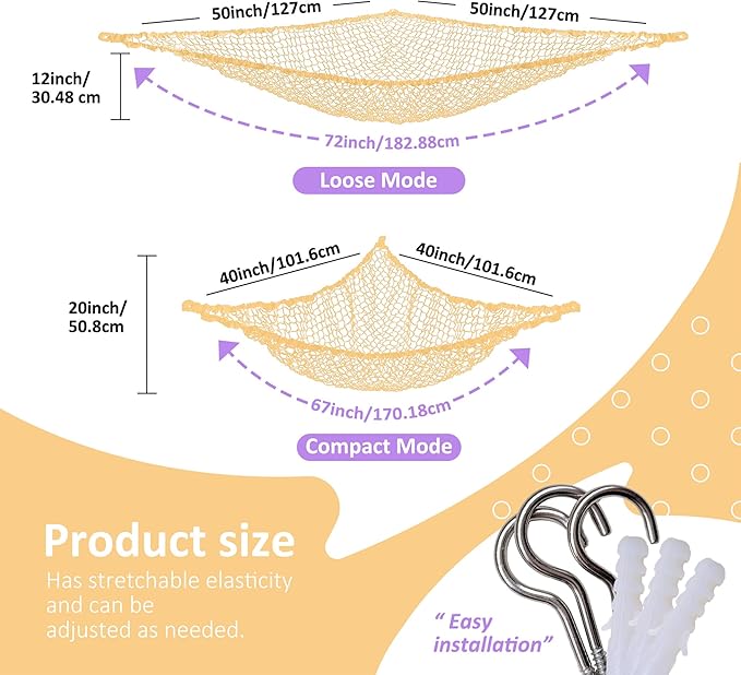 Stuffed Animal Net Hammock for Plushie Toys, Stuffed Animal Hammock Corner for Kids' Room Decor, Ideas for Organizing Stuffy Collection, 1 Pack, Yellow