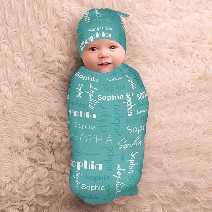 Personalized Baby Swaddle Blanket for Boys Girls Name Lettering Lake Blue Custom Name Receiving Soft Blanket with Cap for Newborn Girls and Boys