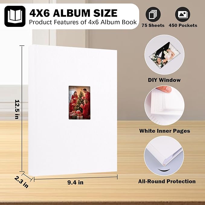 Ruibytree Photo Album 4x6 450 Photos with Writing Space,PU Leather Cover with Front Window Picture Album,4 x 6 Photo Book for Wedding Kids Travel Family Baby Vacation Couple (White)