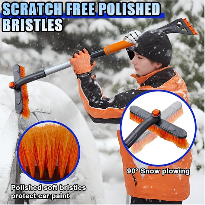 31.5" Detachable Snow Brush and Ice Scraper for Car Windshield, 2-in-1 Winter Snow Removal Tool with Extendable, 360° Rotating Soft Bristle Brush Head and Foam Grip for Most Vehicles (Orange)