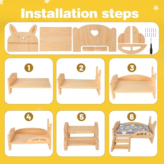 Rypet Wooden Guinea Pig Bed with Stairs & Mat, Bunny Bed Hideout | Cozy Small Animals Cushion Bed, Detachable Small Pet Hut Habitats, Cushion, Guinea Pig Hideout, Chinchillas and Ferrets