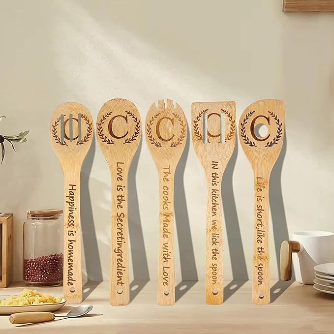 5PCS Initial Wooden Cooking Spoons Initial Letter Kitchen Decor Gifts Personalized Monogrammed Birthday Gifts for Women Mom Friend Housewarming Wedding Bamboo Cooking Spoons