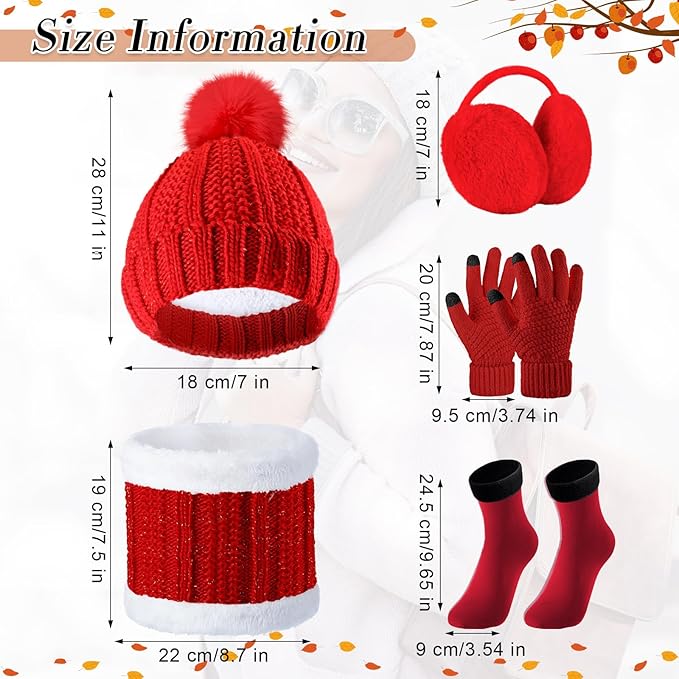 SATINIOR 5 Pcs Winter Hat Scarf Gloves Set Fleece Warm Lined Knit Beanie Hat Touch Screen Earmuff Gloves Warmer for Women(Red,Classic Style)