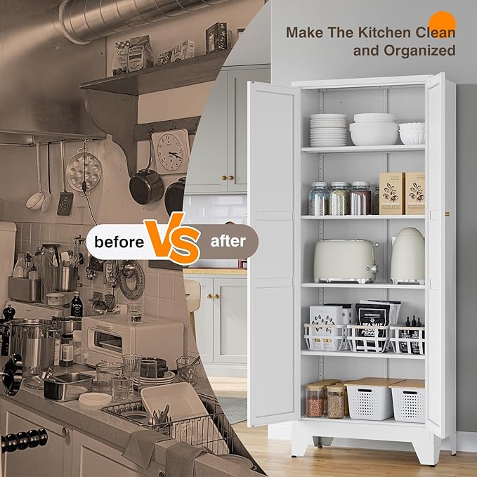 Yizosh Metal Pantry Cabinet, 75" Kitchen Pantry with 2 Door and 4 Adjustable Shelves,White Metal Pantry Storage Cabinet,Cupboard for Kitchen,Dining Room,Living Room and Bathroom