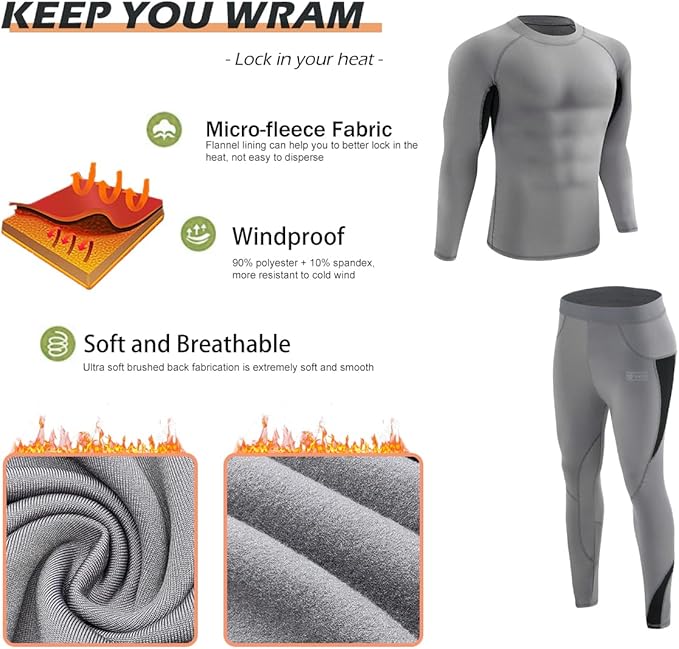 Men’s Thermal Underwear Set, Winter Fleece Lined Sport Long Johns Base Layer Quick Drying Thermo for Hunting Skiing