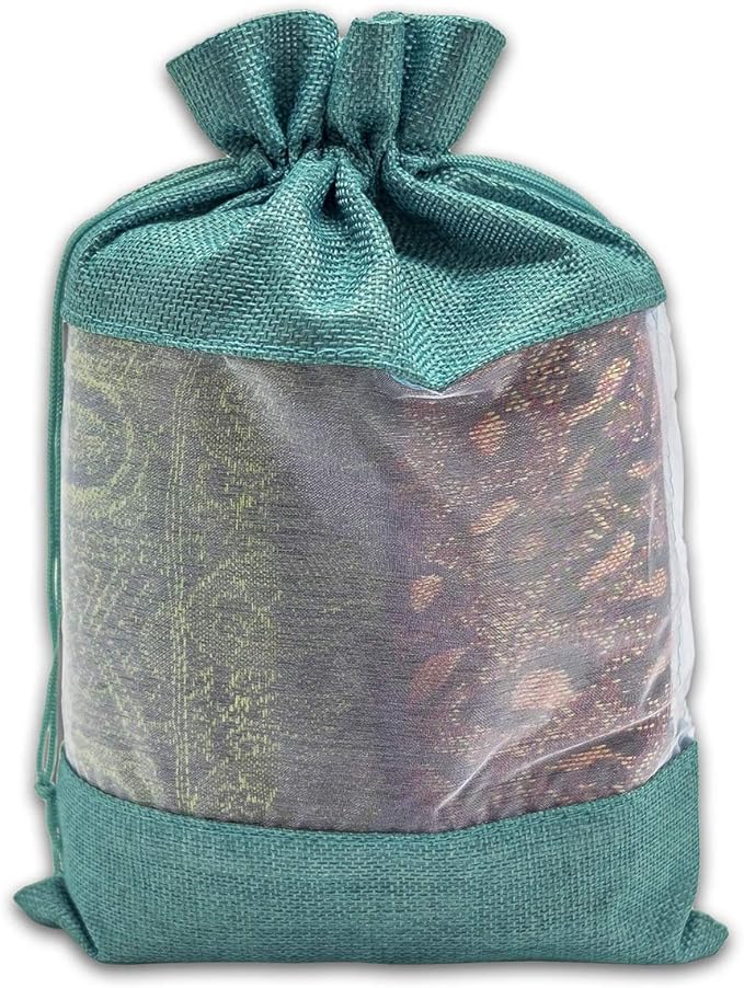 48-Pack X-Large Linen Burlap & Organza Gift Bags w. Drawstrings (7.5x11.5 in, Teal) - Party Favors, Presents, Samples & Treats Mesh Pouch by The Display Guys