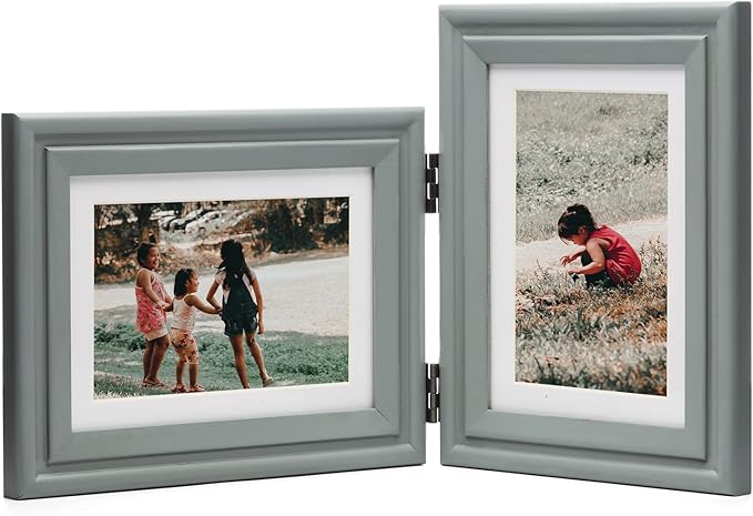 Horizontal & Vertical 5X7 Picture Frames Double Hinged Wood Folding Photo Frames with Real Glass Front Fit for Desktop or Tabletop Display Pictures 4x6 with Mat or 5x7 Without Mat, Gray