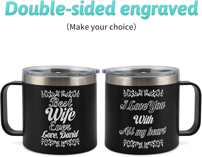 Personalized Insulated Coffee Tumbler - 14oz Engraved Stainless Steel Coffee Mug - Personalized Travel Mug with Handle and Lid - Ideal Customized Gift for Women, Men, Friends
