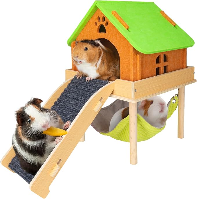 BESNEW 3 in 1 Enlarged Guinea Pig Hammock with House & Platform,Wooden Guinea Pig Hideout with Hammock & Stairs Small Animal Toys for Hiding Sleeping Activities