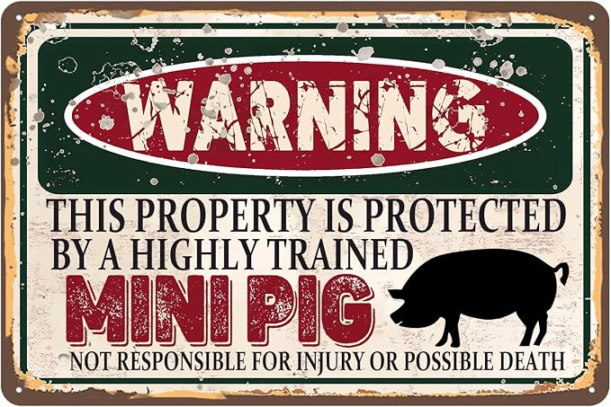 Vintage Mini Pig Metal Sign Wall decor | Warning this property is protected by a highly trained Mini Pig Sign Funny Tin Signs 12x8 Inch