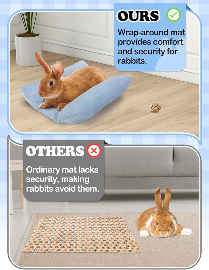 MEWTOGO 15.7" x 14" Bunny Bed for Rabbit Cage, Thickened & Soft | Prevent Sore Hocks Plush Mat with Cotton Lounger Pillows, Small Animal Flop Mat for Hutch Sleeping Indoor, Light Blue