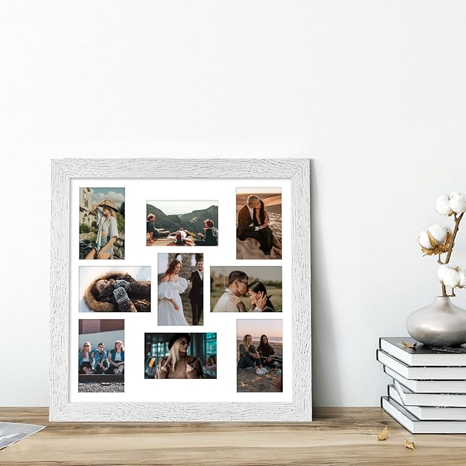 17x17 Picture Frame Display 9 opening 4X6 Picture Frame Collage,Multi Photo Frame with Mat,Plexiglass,Wall Mount Decor,Distressed White Wood Grain