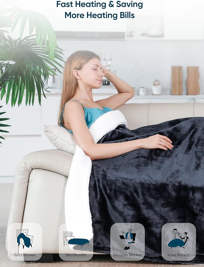 Heated Throw Blanket with 1-9 hrs Timer Auto-Off & 8 Heating Levels,Flannel Electric Blanket Throw ETL Certification,Machine Washable Full Body Warming Blankets