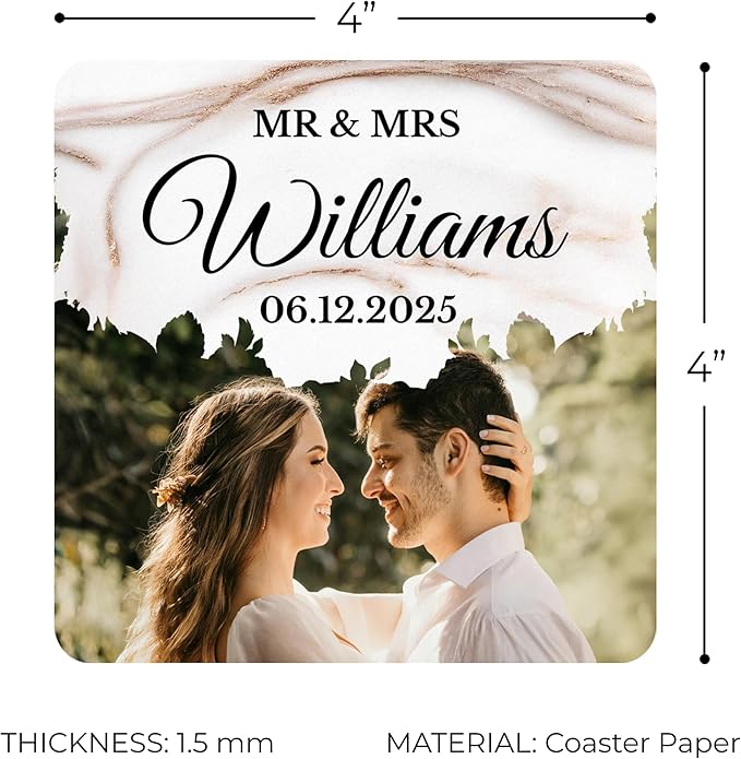 60 Pack Personalized Wedding Coasters, Custom Cardboard Coasters for Drinks with Photo Print and Text, Keepsake Wedding Favors and Gifts for Couples, 4x4 Square, Design 6