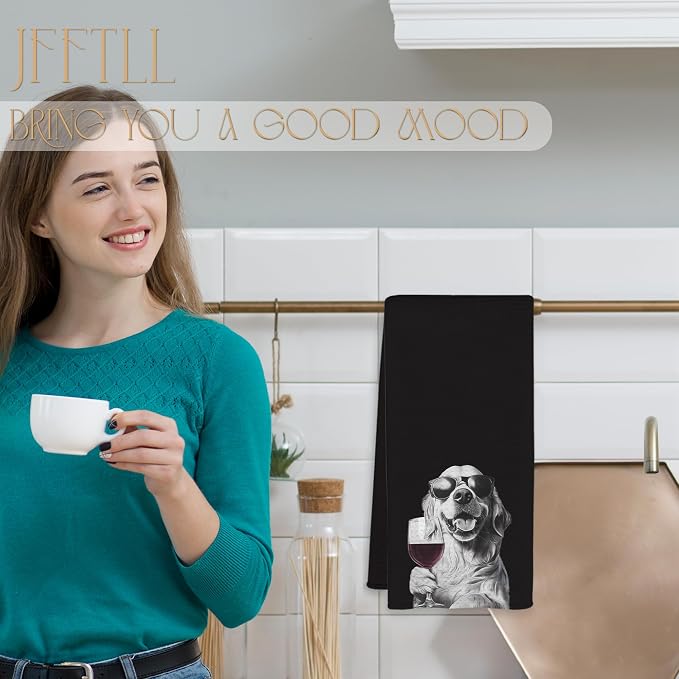 Golden Retriever Decor Kitchen Towels, Golden Retriever Gift Dish Tea Towel for Kitchen Decor, Bar Towels for Bartender, Wine Lover Gifts, 16x24 Inch (Black)