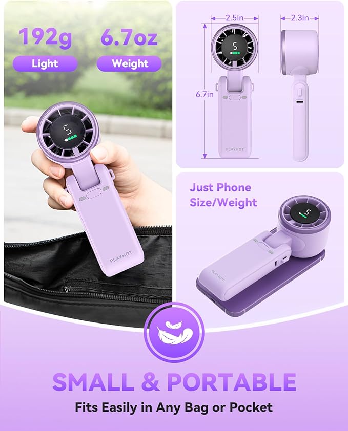 Portable Handheld Turbo Fan, 5-Speed Personal Fans, 5000mAh Rechargeable Fans Up to 12 Hours, Weight only 0.6lb Small Fan, Hand/Neck/Desk Fan 3 IN 1, Beach Vacation Essentials(Purple)
