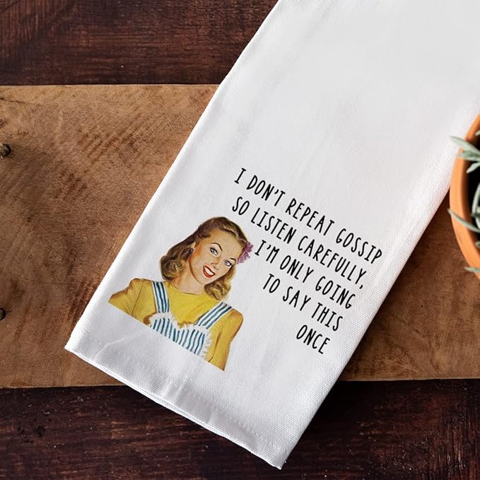 Andaz Press Funny Retro Kitchen Towel, Flour Sack Tea Towel, I Don't Repeat Gossip So Listen Carefully, Funny Birthday for Mom, Daughter, Grandma, Sister, Friend, Women, Gag Gift