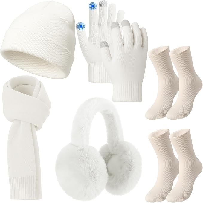 Geyoga 6 Pcs Women Winter Beanie Hat Scarf Gloves Ear Muffs Fuzzy Socks Set, Touchscreen Gloves for Thermal Gift Cold Weather