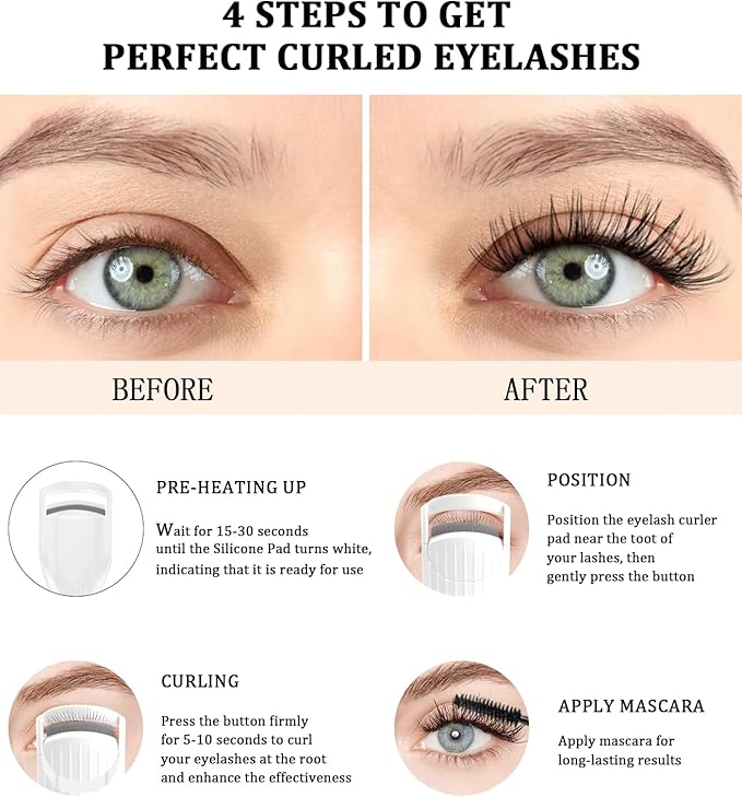 Heated Eyelash Curler Premium PRO - Fast Heat up in 8s - 24 Hours Long Lasting - Rechargeable Electric Eyelash Curler with Type-C, Innovative L Silicone, 2 Heat Modes, Anti-Burn Eyelid, White-FC