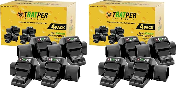TRATPER Rat and Chipmunk Traps. Prevents Accidental Triggering with Dual Tunneled Design. Covered Snap Traps for Humane Kill, Reusable, Pest Control for Rats, Indoor & Outdoor Use. 8 Pack