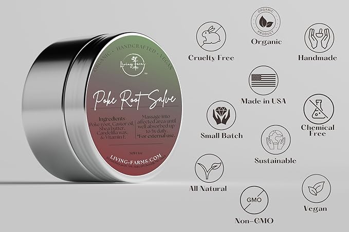 Poke Root & Castor Oil Salve - Cysts, Boils, Fibroids, Swollen Lymph Nodes, Breast & Joint - Vegan Lymphatic Support Massage Balm - Natural Deep Tissue Relief Ointment - Handmade in The USA
