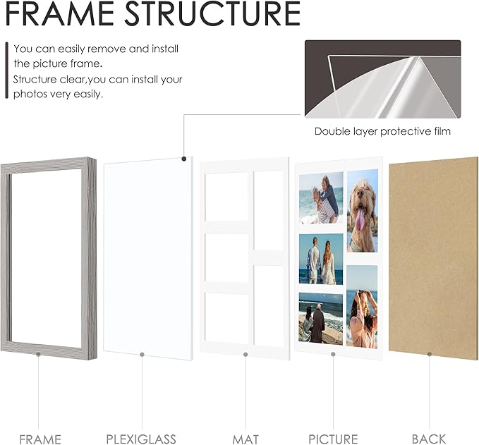 11x14 Collage Picture Frame, 4x6 Collage Picture Frame, Displays Five 4x6 inch Photos, or 11x14 (Without Mat) Wall Decor Wall Hanging or Tabletop, Grey.
