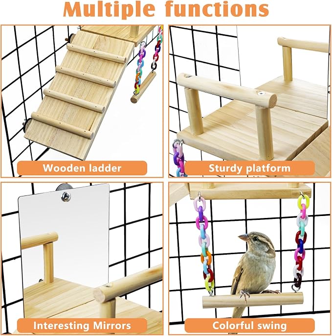 BNOSDM Bird Perch Platform with Mirror, Wooden Climbing Ladder for Parakeet, Small Bird Swing Toys Parrot Cage Accessories Budgie Playground for Cockatiel, Lovebirds, Conures, Finch