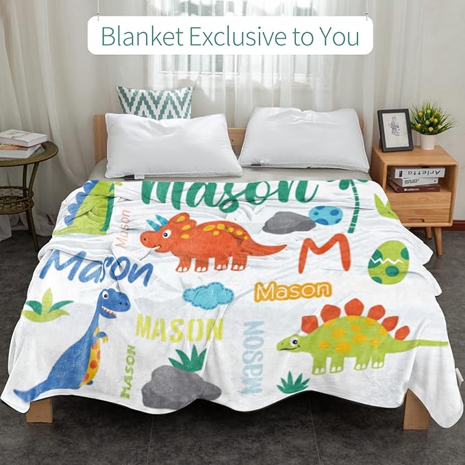 Personalized Dinosaur Blanket with Name for Boys, Custom Name Blanket for Kids Dino, Soft Flannel Dinosaur Toddler Blanket Customized Gift for Birthday Christmas Baby Shower Newborn Gift 60" X 80"