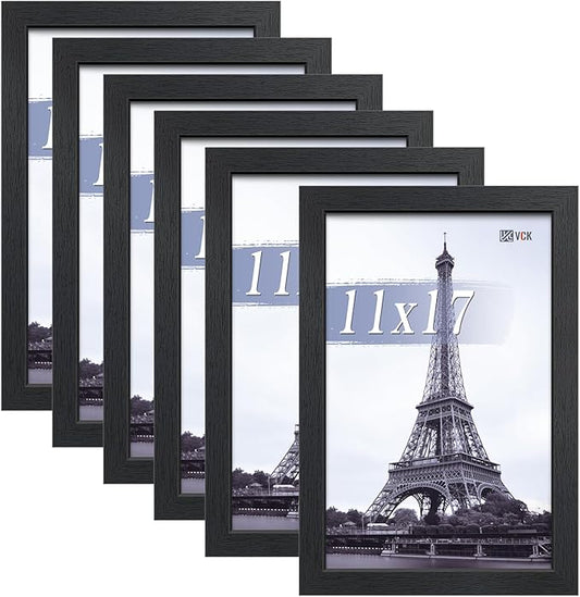 VCK 11x17 Picture Frames Black Set of 6, Wide Border Wood Poster Frame, Multi-Directional Display Family Photos, Office Prints, Studio/Gallery Artwork, Woodgrain Series, Wall Hanging