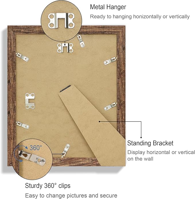 9x11 Picture Frame Set of 4, Made of Real Glass and Rustic Brown Frame - Display Picture 7x9 with Mat or 9x11 Without Mat, 9 by 11 Photo for Wall or Tabletop
