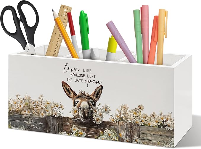 Farmhouse Donkey Pen Holder Organizer Desk Decor, Gifts for Donkey Lovers, Live Like Someone Left the Gate Open Wooden Pen Pencil Holders for Home Office Desk Accessories