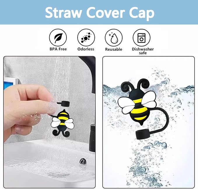 Animal Straw Toppers For Stanley Cups;Straw Covers Cap Toppers Compatible With Stanley 30&40 Oz Tumbler, Reusable & Silicone Tumbler Straws Topper For 0.4 Inch Tips Animal Lover Gifts (Bee)