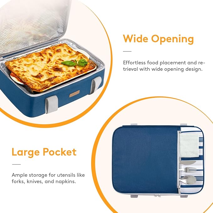 LUNCIA Insulated Single Decker Casserole Carrier, Lasagna Lugger Tote Keeps Food Hot or Cold, Thermal Lunch Bag for Potluck Parties, Picnic and Cookouts, Fits 9" x 13" Baking Dish, Dark Blue