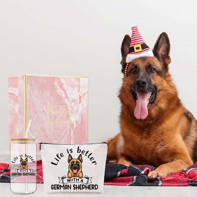 Kacctyen 5 Pcs Christmas German Shepherd Gifts for Women German Shepherd Dog Lover Gifts 16oz Glass Cup Tumbler with Lid Straw Makeup Cosmetic Bag Pocket Mirror Sock for Pet Mom Birthday Party Favors