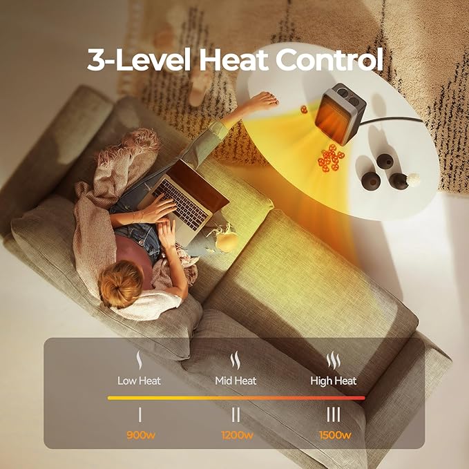 Space Heaters for Indoor Use, 1500W Portable Electric Heater with Thermostat, Ceramic Heater for Room Bedroom Office Under Desk with 3 Heating Levels, Safe Tip-Over Protection (Silver)