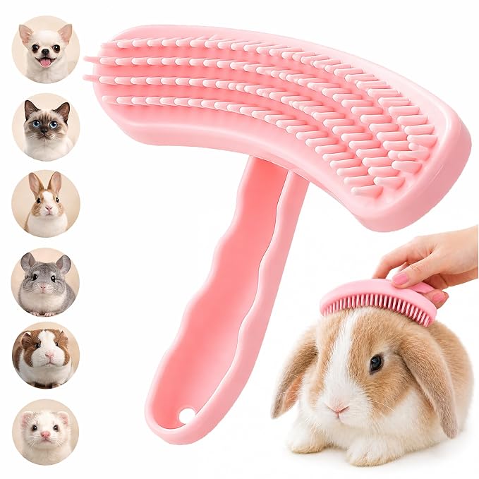 Large Silicone Grooming Brush for Rabbits, Cats & Small Dogs | Rabbit, Cat & Dog Fit | Soft Low-Stimulation Brush | Curved Pet Fit | Daily Bonding | Rinse-Clean Head
