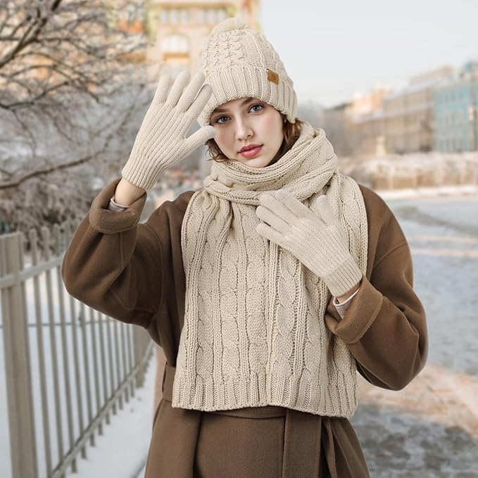 Tavaleu Womens Winter Beanie Hat Scarf Gloves Set, Pom Pom Beanie Warm Knit Scarf Touchscreen Gloves for Cold Weather