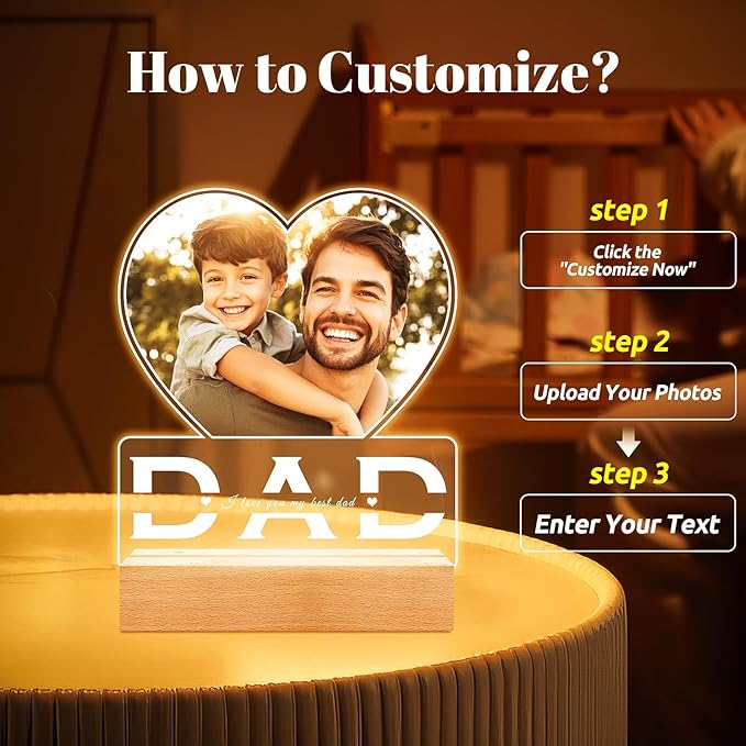 Personalized Dad Gifts for Dad from Daughter Son, Custom Picture Frames with Photo, Customized Photo Frame with Night Light, Personalized Christmas Birthday Gifts for Dad Baby Kid Family
