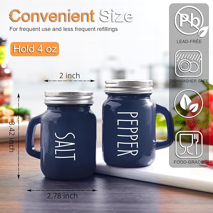 Navy Blue Salt and Pepper Shakers Set, 4 oz Cute Modern Glass Shaker Sets with Stainless Steel Lids, Blue Kitchen Decor and Accessories for Home Restaurants Weddings
