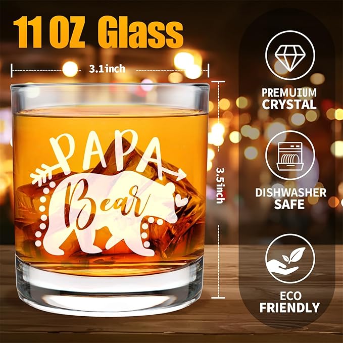 Papa Whisky Glass Birthday Gifts for Papas from Grandkids Papa Bear 11Oz Old Fashioned Whisky Glass Christmas Fathers Day Drinking Glasses Presents for Papas