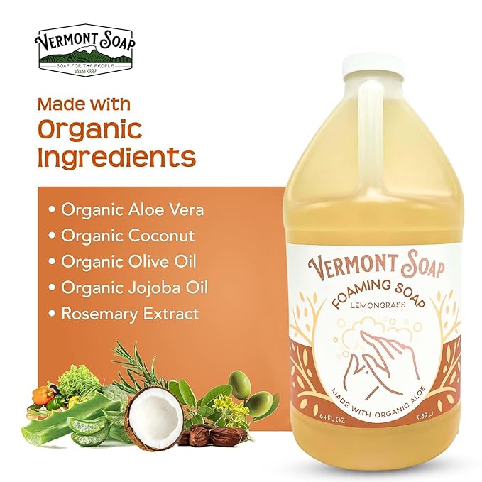 VERMONT SOAP Organic Lemongrass Zen Foaming Hand Soap - Natural Moisturizing Soap for Dry Skin - Fragrance Free Liquid Bathroom Hand Soap - Lemongrass Zen - 64 oz
