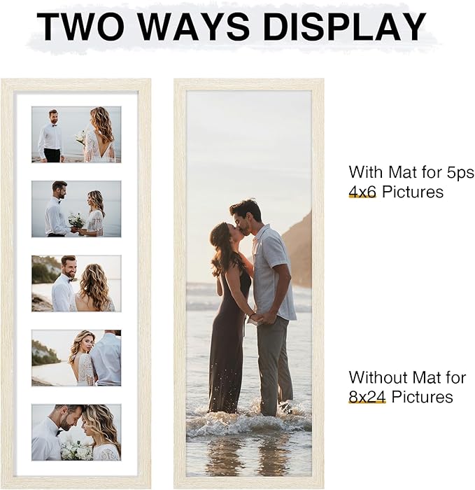 Vittanly 8x24 Collage Picture Frame, Displays 5Pcs 4x6 Pictures with Mat or 1Pcs 8x24 without Mat, Picture Frames Collage Wall Decor for Horizontal or Vertical Display, Cornsilk, 1 Pack