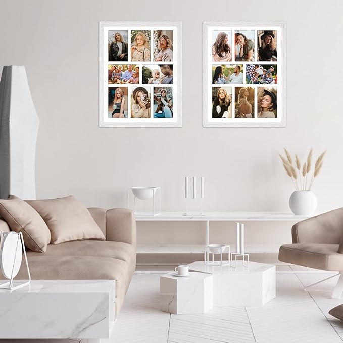13x17 Collage frame with 8 Openings 4X6 Pictures, Multiple Picture Frame with Mat, Wall or Tabletop Decor, White Wood Grain,2 Pack